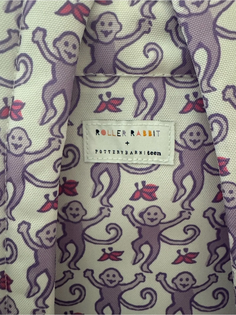 Roller Rabbit Purple Monkey Print Backpack with Pink “AJR” Initials